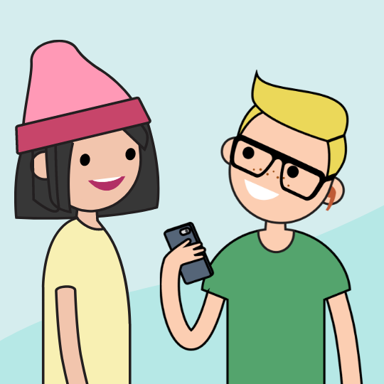 Cartoon of two people talking and looking at the phone of one person