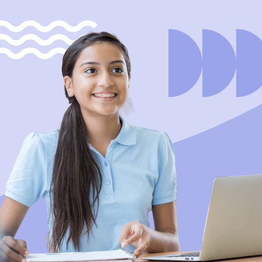 Young person with open book and laptop in front of them