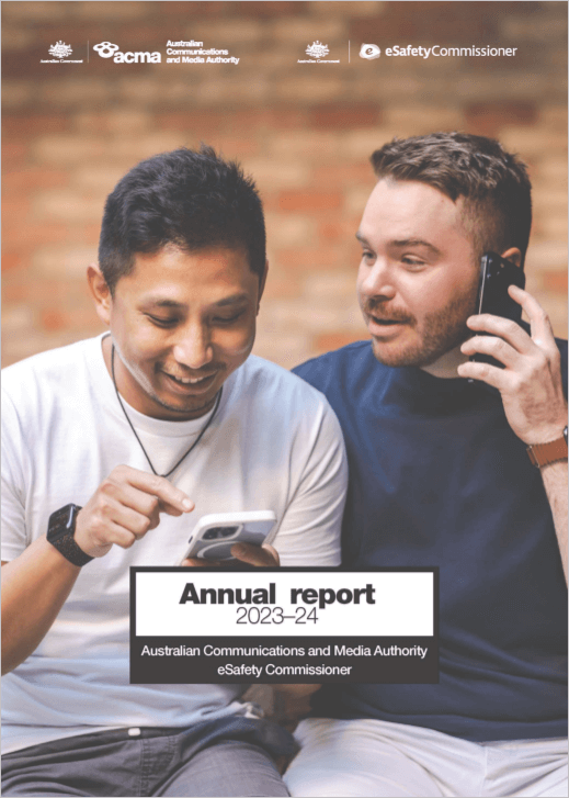 Annual report cover showing two people on mobile phones