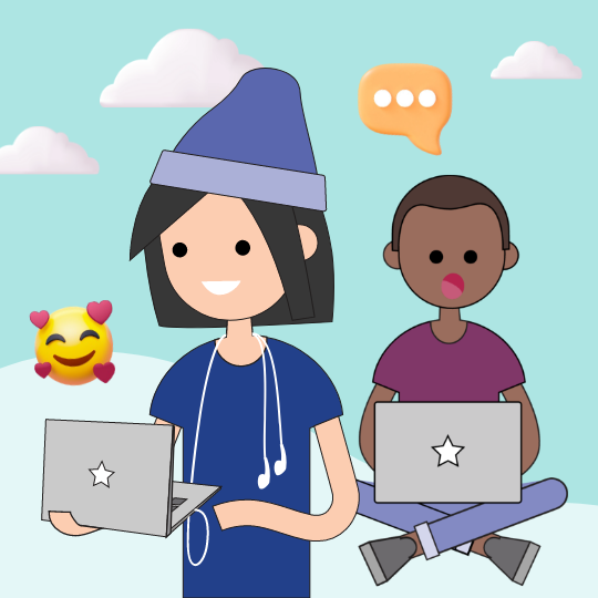 Cartoon style image of two young people on devices with various emojis 